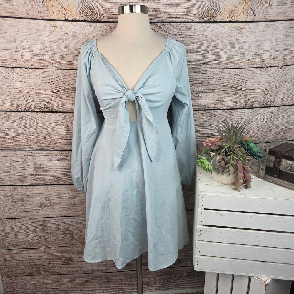 NWT Exlura Womens Light Blue Tie Front Lantern Sleeve Smocked Back Mini Dress S